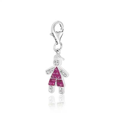 Boy with Cap October Birthstone Charm with Hot Pink and White Crystal in Sterling Silver