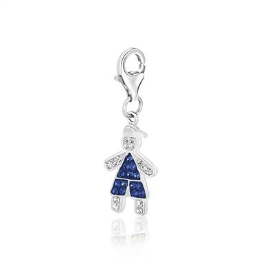 Boy with Cap September Birthstone Charm with Sapphire and White Crystal in Sterling Silver