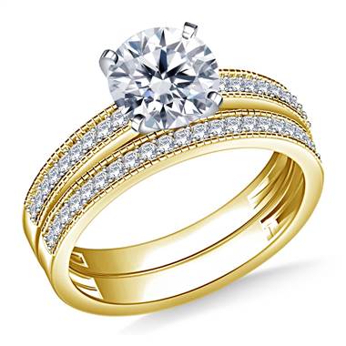 Cathedral Milgrained Round Diamond Ring with Matching Band in 14K Yellow Gold (3/8 cttw.)