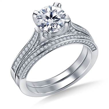 Cathedral Round Diamond Ring with Matching Band in 14K White Gold