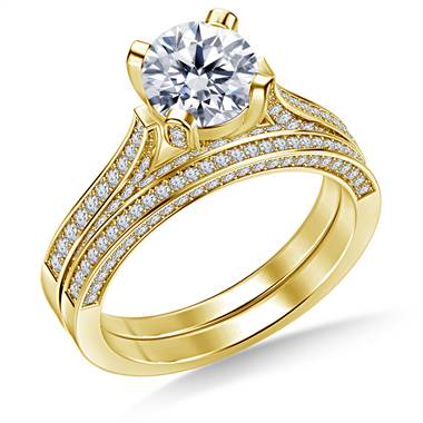 Cathedral Round Diamond Ring with Matching Band in 14K Yellow Gold