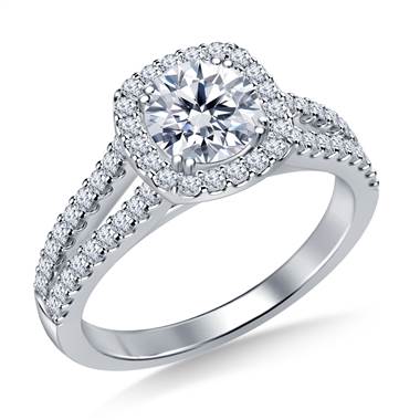 Cathedral Split Shank Floating Cushion Shaped Halo Diamond Engagement Ring in 18K White Gold
