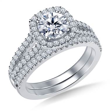 Cathedral Split Shank Floating Cushion Shaped Halo Diamond Ring with Matching Band in 14K White Gold