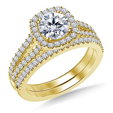 Cathedral Split Shank Floating Cushion Shaped Halo Diamond Ring with Matching Band in 14K Yellow Gold