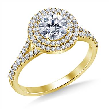 Cathedral Split Shank Floating Double Round Halo Diamond Engagement Ring in 18K Yellow Gold