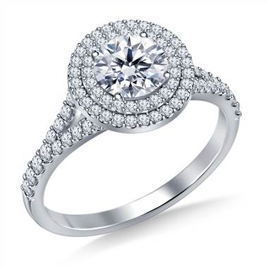Cathedral Split Shank Floating Double Round Halo Diamond Engagement Ring in Platinum