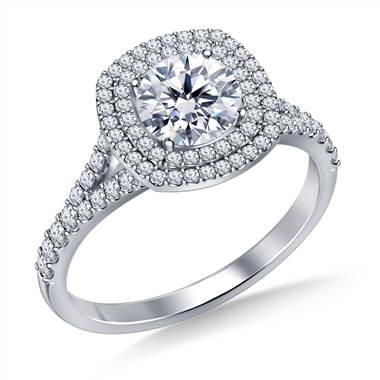 Cathedral Split Shank Floating Dual Cushion Halo Diamond Engagement Ring in 18K White Gold