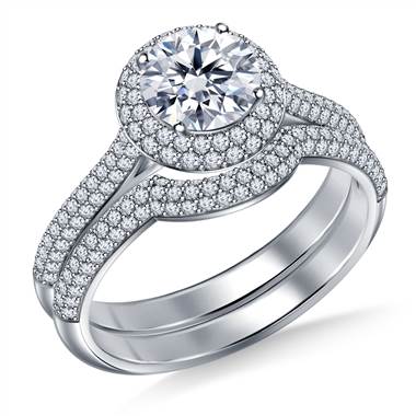 Cathedral Split Shank Floating Dual Cushion Halo Diamond Ring with Matching Band in 18K White Gold