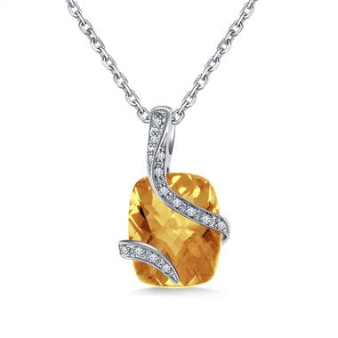 Citrine Cushion Cut Gemstone and Diamond Modern Pendant Necklace in 14K White Gold