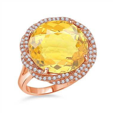Citrine Faceted Gemstone Diamond Halo Ring in 14K Rose Gold (11mm)