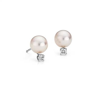 "Classic Akoya Cultured Pearl and Diamond Stud Earrings in 18k White Gold (8.0-8.5mm)"