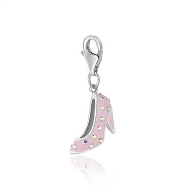 Classic Pump High Heel Shoe Charm with Pink Enamel and Crystals in Sterling Silver