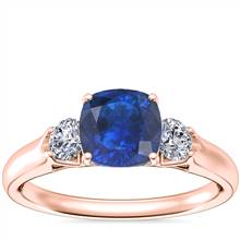 Classic Three Stone Engagement Ring with Cushion Sapphire in 18k Rose Gold (6mm) | Blue Nile