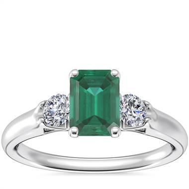 Classic Three Stone Engagement Ring with Emerald-Cut Emerald in 14k White Gold (7x5mm)