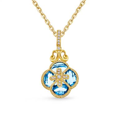 Clover Blue Topaz & Diamond Crown Byzantine Pendant in 14K Yellow Gold (15x12 mm)