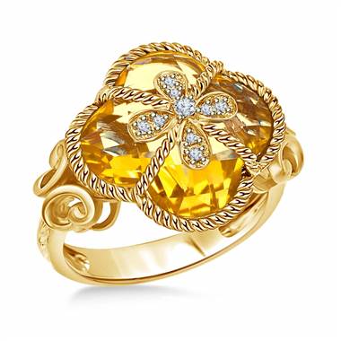 Clover Citrine & Diamond Cocktail Ring in 14K Yellow Gold (12mm)