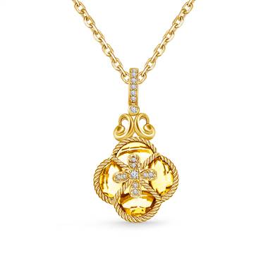 Clover Citrine & Diamond Crown Byzantine Pendant in 14K Yellow Gold (15x12 mm)