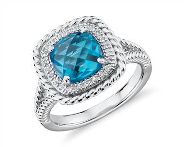 Corda Cushion-Cut Swiss Blue Topaz Halo Ring In Sterling Silver (8mm)