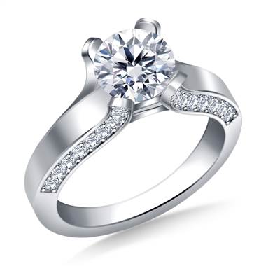 Curved Prong Round Diamond Engagement Ring with Side stones in 14K White Gold