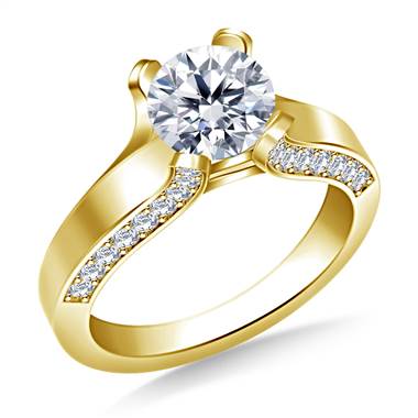 Curved Prong Round Diamond Engagement Ring with Side stones in 14K Yellow Gold