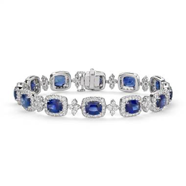 Cushion Blue Sapphire and Halo Diamond Bracelet in 18k White Gold (6.5x5.5mm)