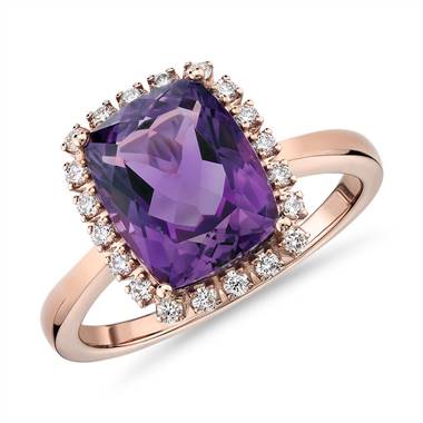 Cushion-Cut Amethyst and Diamond Halo Ring in 14k Rose Gold (10x8mm)