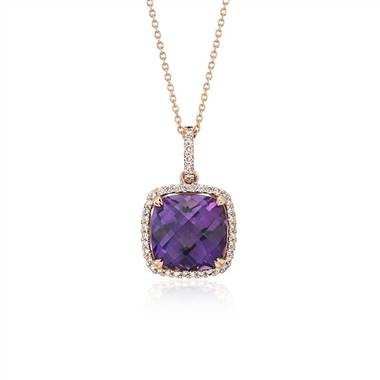 Cushion Cut Amethyst Pendant with Diamond Halo in 14k Rose Gold (10.5mm)