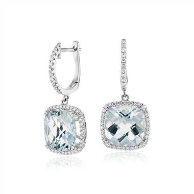 Cushion Cut Aquamarine and Diamond Halo Drop Earrings in 14k White Gold (9mm)