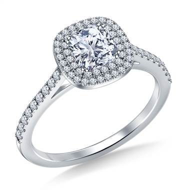Cushion Cut Double Halo Cathedral Diamond Engagement Ring in 14K White Gold