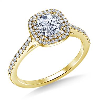 Cushion Cut Double Halo Cathedral Diamond Engagement Ring in 14K Yellow Gold