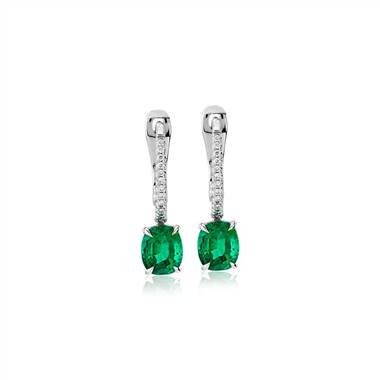 Cushion-Cut Emerald Earrings with Diamond Drop in 14k White Gold (6x5mm)