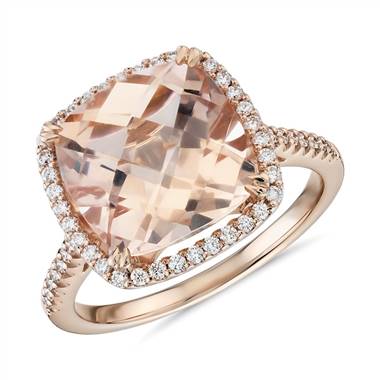 Cushion Cut Morganite Diamond Halo Cocktail Ring in 14k Rose Gold (10.5mm)