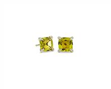 Cushion Cut Peridot and Diamond Accent Earrings In 14k Yellow Gold (7mm) | Blue Nile