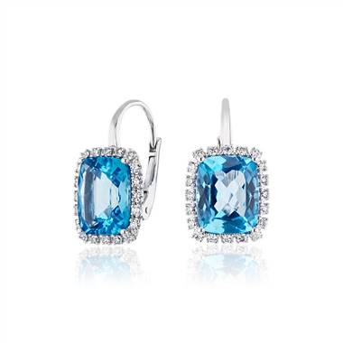 "Cushion-Cut Swiss Blue Topaz and Diamond Halo Drop Earrings in 14k White Gold (10x8mm)"