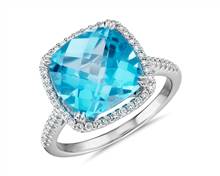 Cushion-Cut Swiss Blue Topaz Diamond Halo Cocktail Ring In 14k White Gold (10.5mm) | Blue Nile