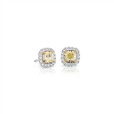 Cushion-Cut Yellow Diamond Halo Stud Earring in 18k White and Yellow Gold (1 1/2 ct. tw.)