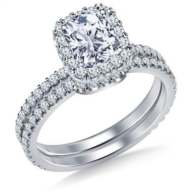 Cushion Halo Engagement Ring with Matching Band in 14K White Gold