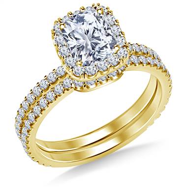 Cushion Halo Engagement Ring with Matching Band in 14K Yellow Gold