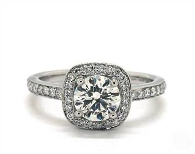 Cushion Halo Single-Row Pave .34ctw Engagement Ring in 18K White Gold 2.50mm Width Band (Setting Price)