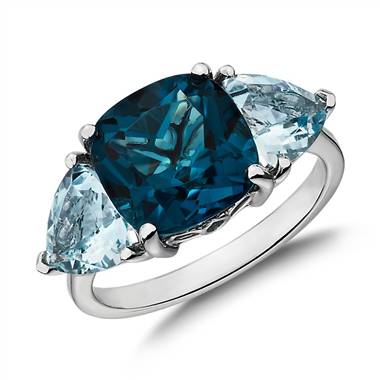 "Cushion London Blue Topaz and Aquamarine Trillion Ring in 14k White Gold"