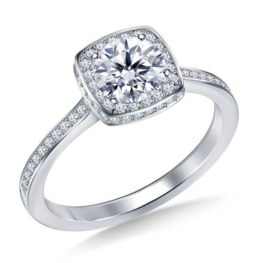 Cushion Shape Halo Round Diamond Engagement Ring in 14K White Gold
