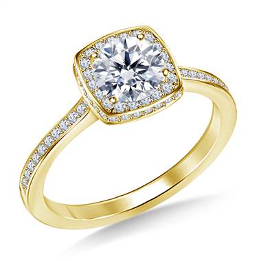 Cushion Shape Halo Round Diamond Engagement Ring in 14K Yellow Gold