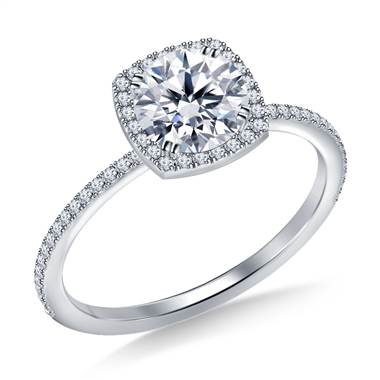 Cushion Shape Halo Round Diamond Engagement Ring in 18K White Gold