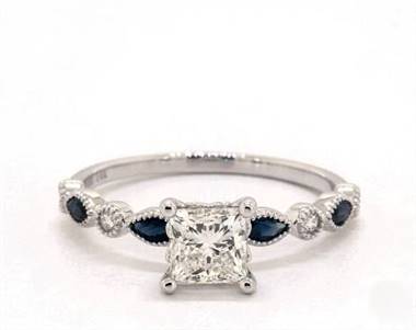 Delicate Blue Sapphire & Diamond Engagement Ring in 14K White Gold 4mm Width Band (Setting Price)