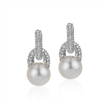 Diamond Door Knocker Earrings with South Sea Cultured Pearls in 18k White Gold (9.5-10mm)