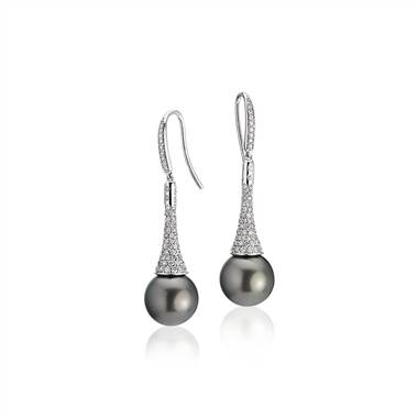 Diamond Drop Tahitian Cultured Pearl Earrings in 14k White Gold (11-12mm)