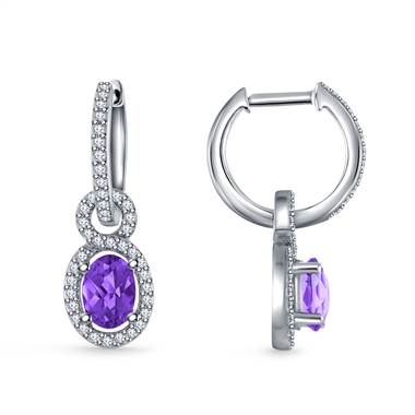 Diamond Halo And Amethyst Hoop Earrings with  Drops in 14K White Gold