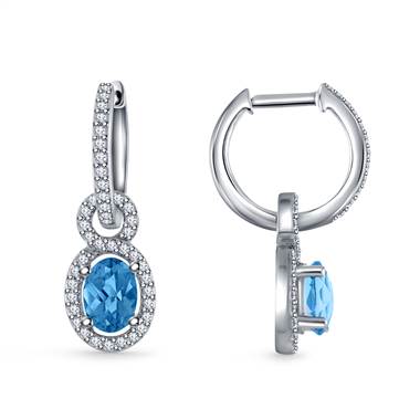 Diamond Halo And Blue Topaz Hoop Earrings with  Drops in 14K White Gold