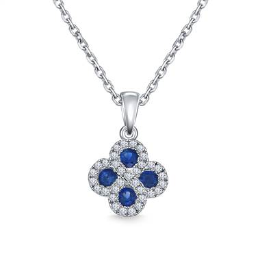 Diamond Halo Blue Sapphire Clover Pendant Necklace in 14K White Gold (2.7 mm)