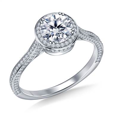 Diamond Halo Cathedral Engagement Ring in 18K White Gold